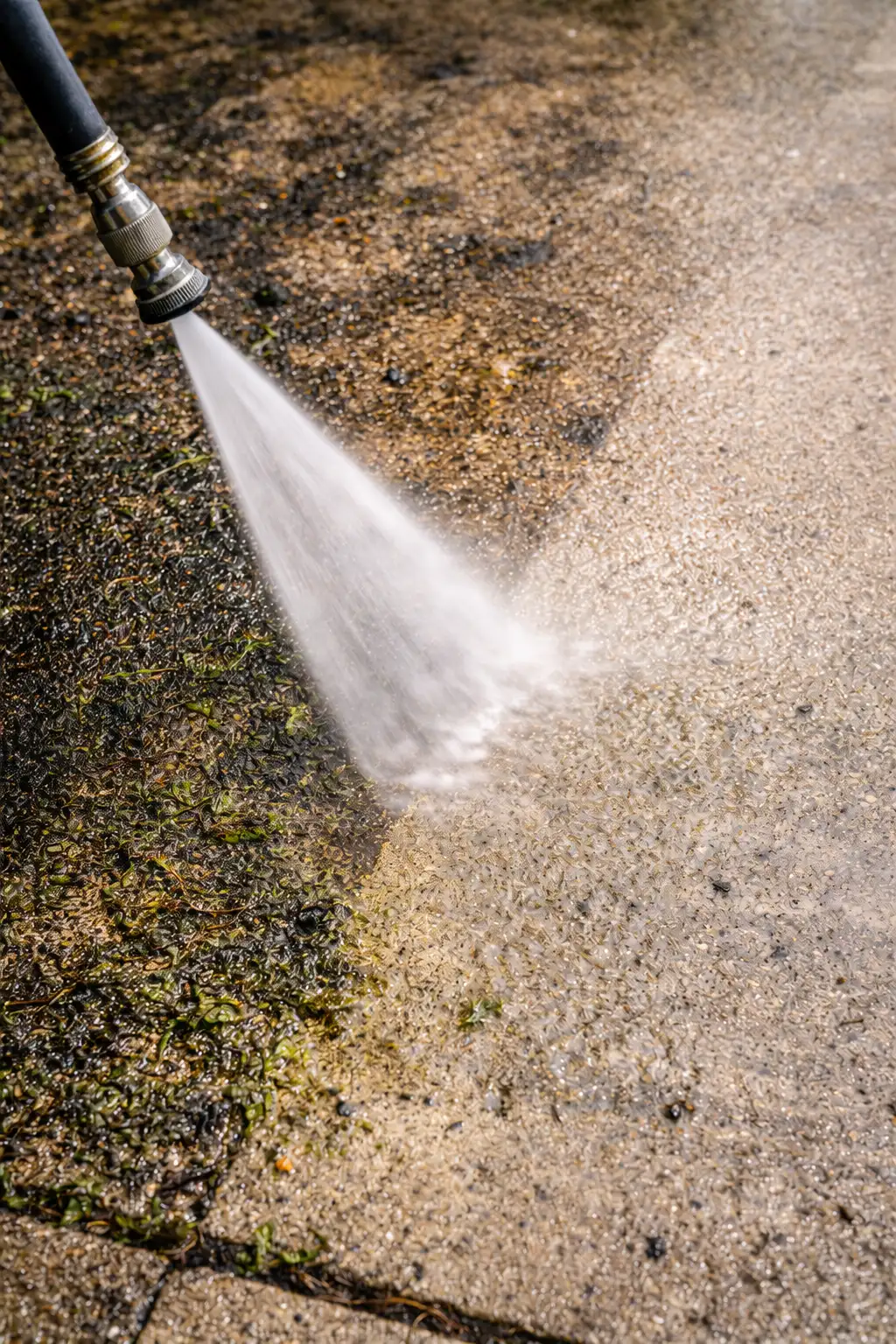 Filename driveway-surface-cleaner-close-up-application Close-up of professional surface cleaner attachment washing concrete driveway evenly
