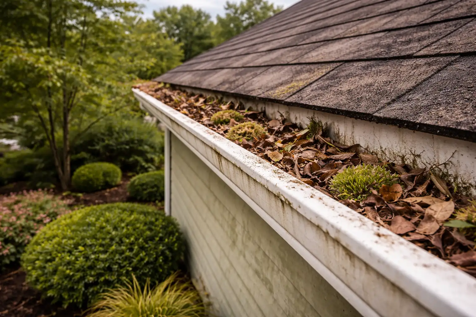 clogged-gutter-overflow-debris Clogged residential gutter filled with leaves and debris causing water overflow