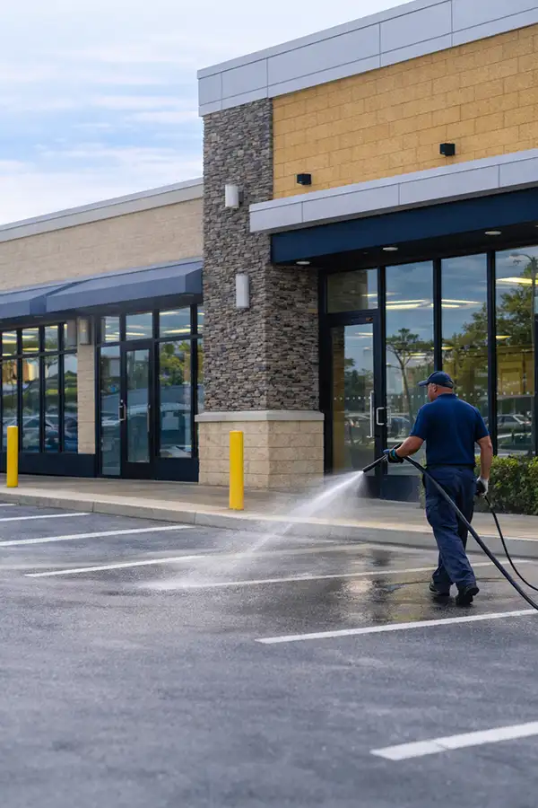commercial-storefront-sidewalk-cleaning Technician pressure washing sidewalk outside a commercial storefront