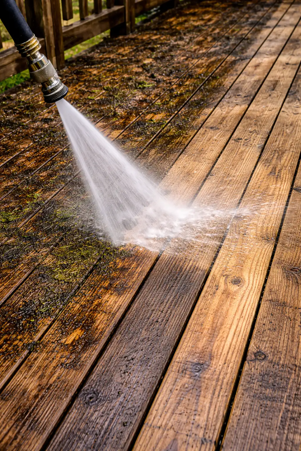 deck-cleaning-surface-washer-closeup Professional surface cleaner restoring backyard deck boards evenly