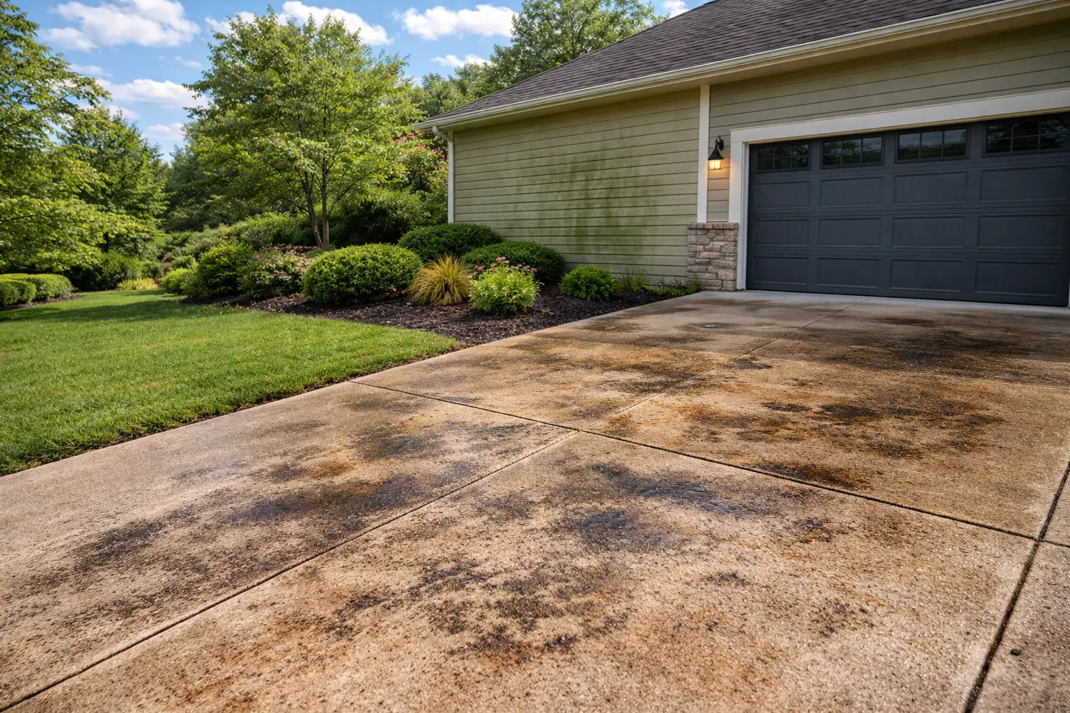 dirty-concrete-driveway-algae-oil-stains-before-cleaning Concrete driveway with visible algae growth, dark staining, and tire marks