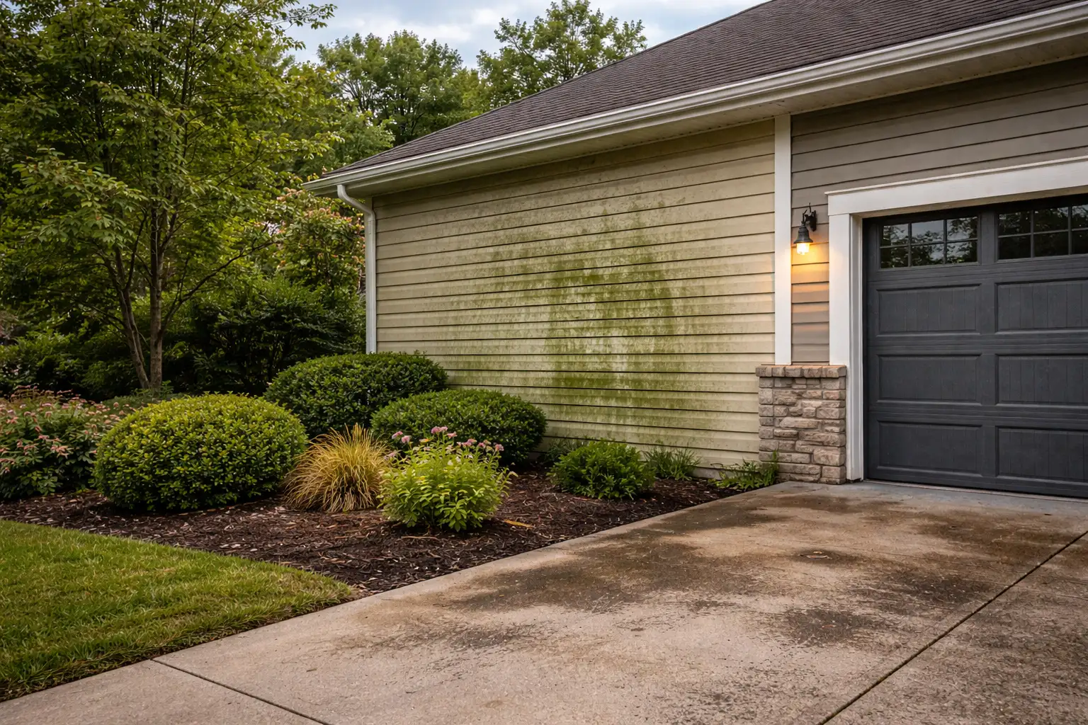 dirty-siding-algae-buildup-before-cleaning Residential siding with visible green algae and surface staining
