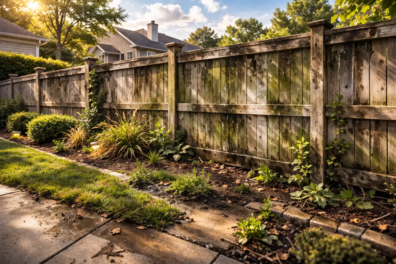 Weathered wood fence with visible green algae growth and discoloration