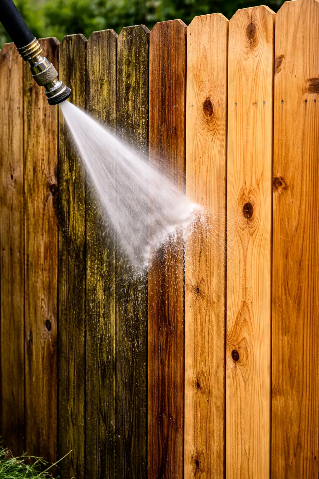 Technician applying controlled pressure cleaning solution to residential fence boards