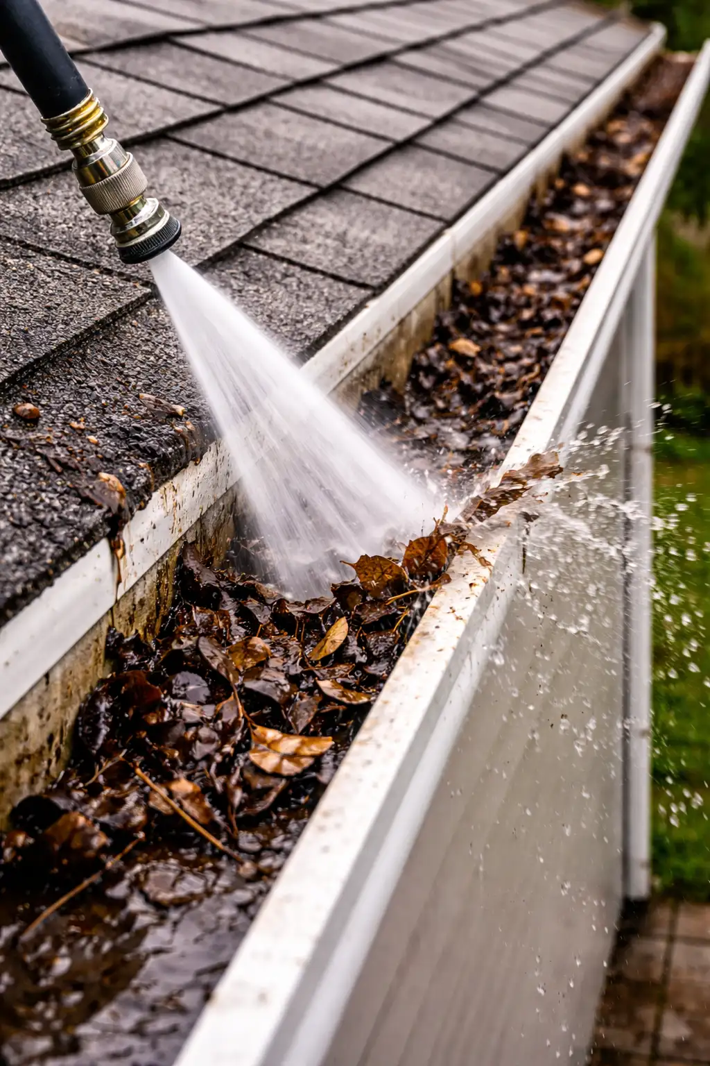 professional-gutter-cleaning-process Technician clearing residential gutter and checking downspout flow during exterior maintenance