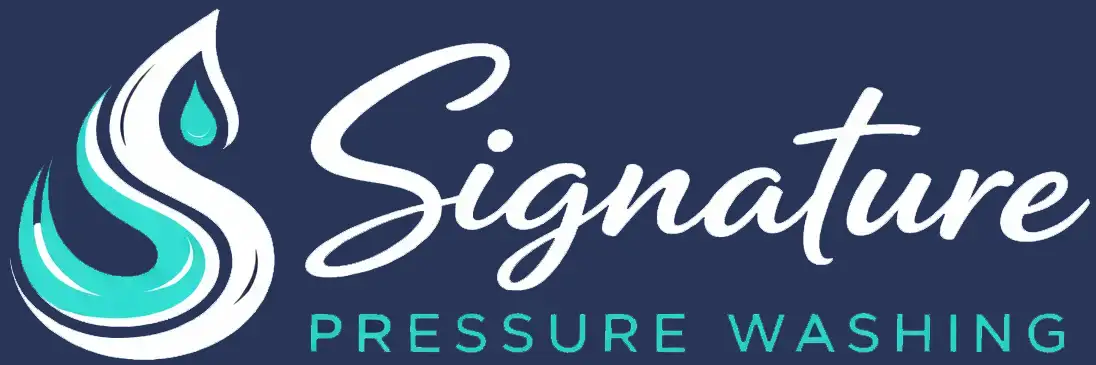 Signature Pressure Washing logo in white and teal on navy background