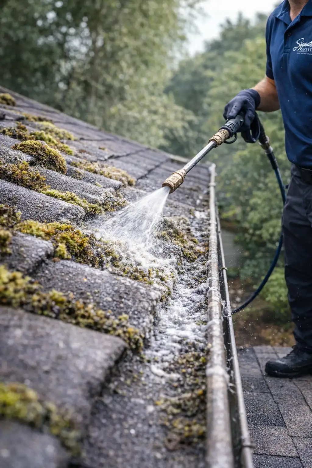 Technician applying soft wash roof cleaning treatment to moss-covered shingles in Bellevue