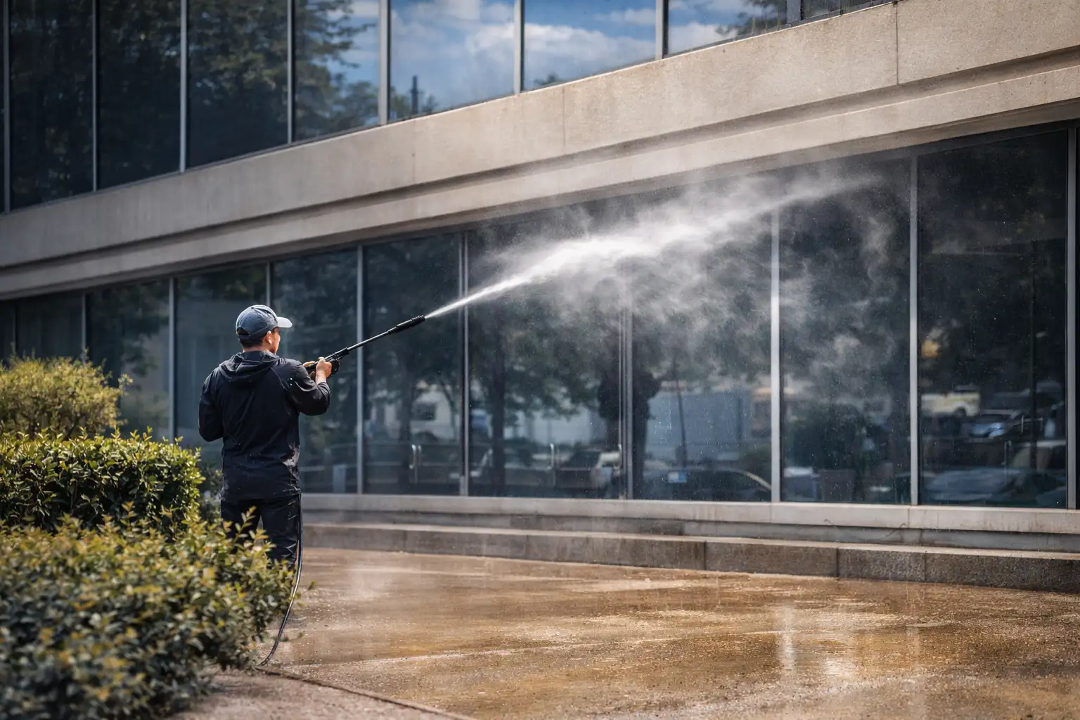 Technician pressure washing exterior walkway at commercial property