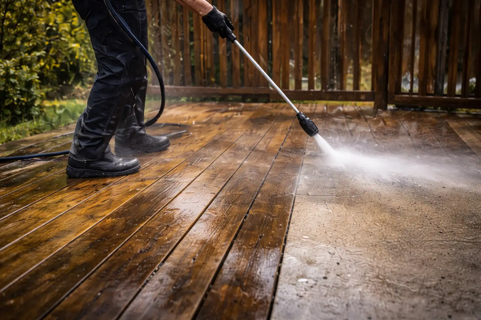 Pressure washing wooden deck to remove dirt and buildup