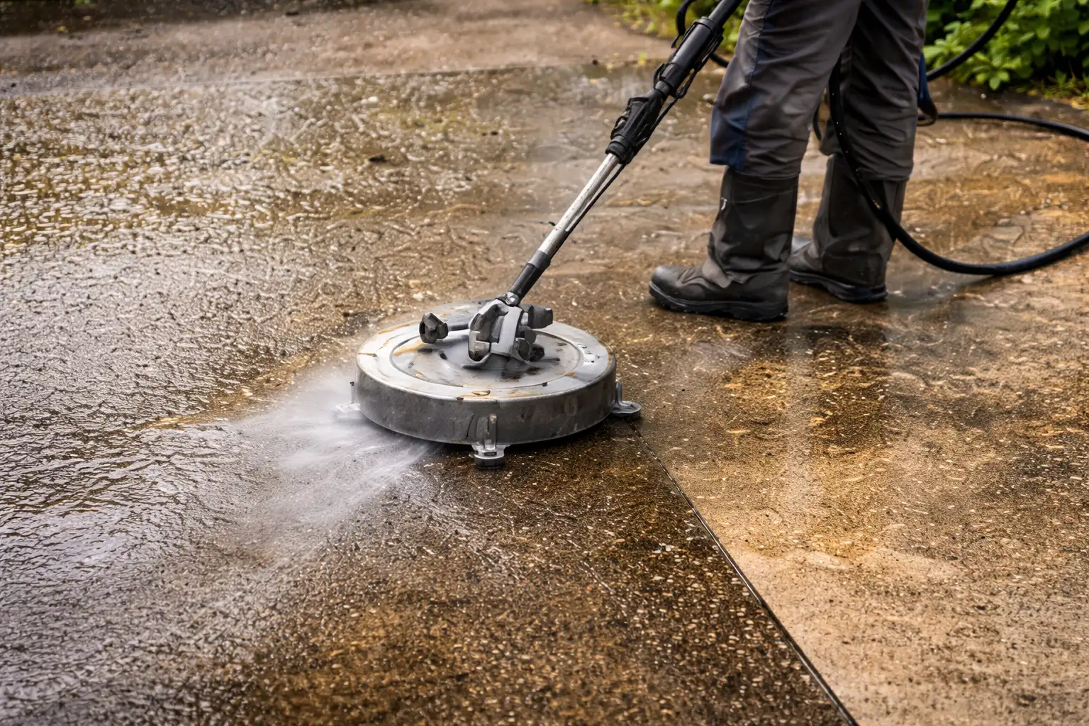 Pressure washing concrete driveway to remove stains and buildup