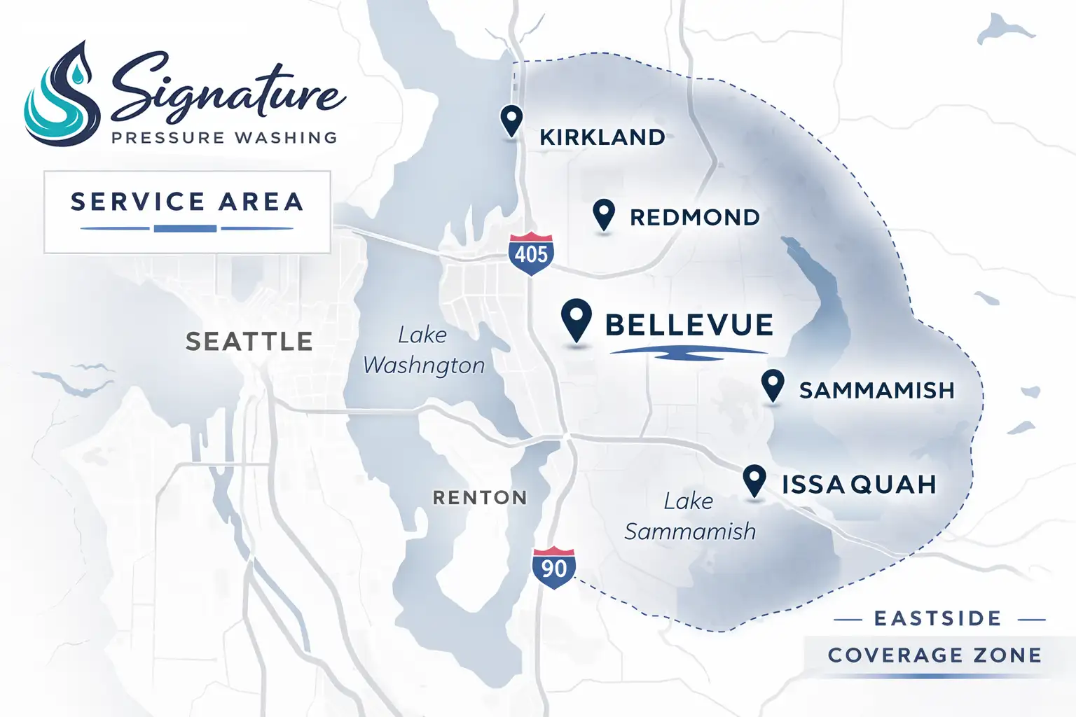 Eastside Washington pressure washing service area map near Bellevue