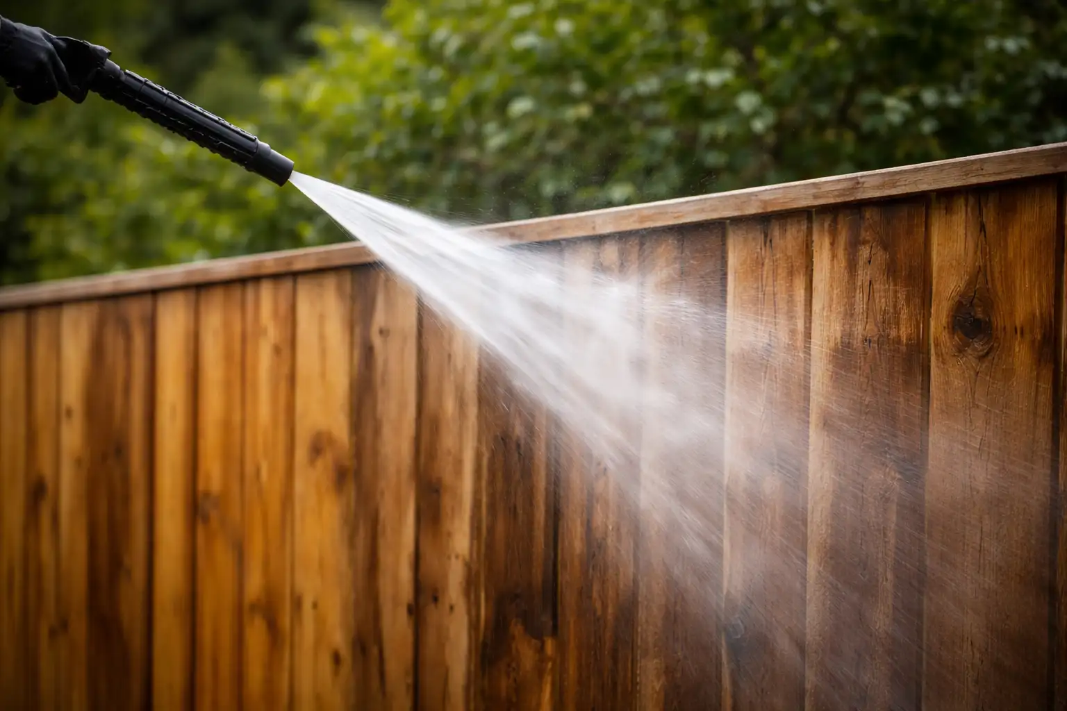 Technician pressure washing a residential wood fence