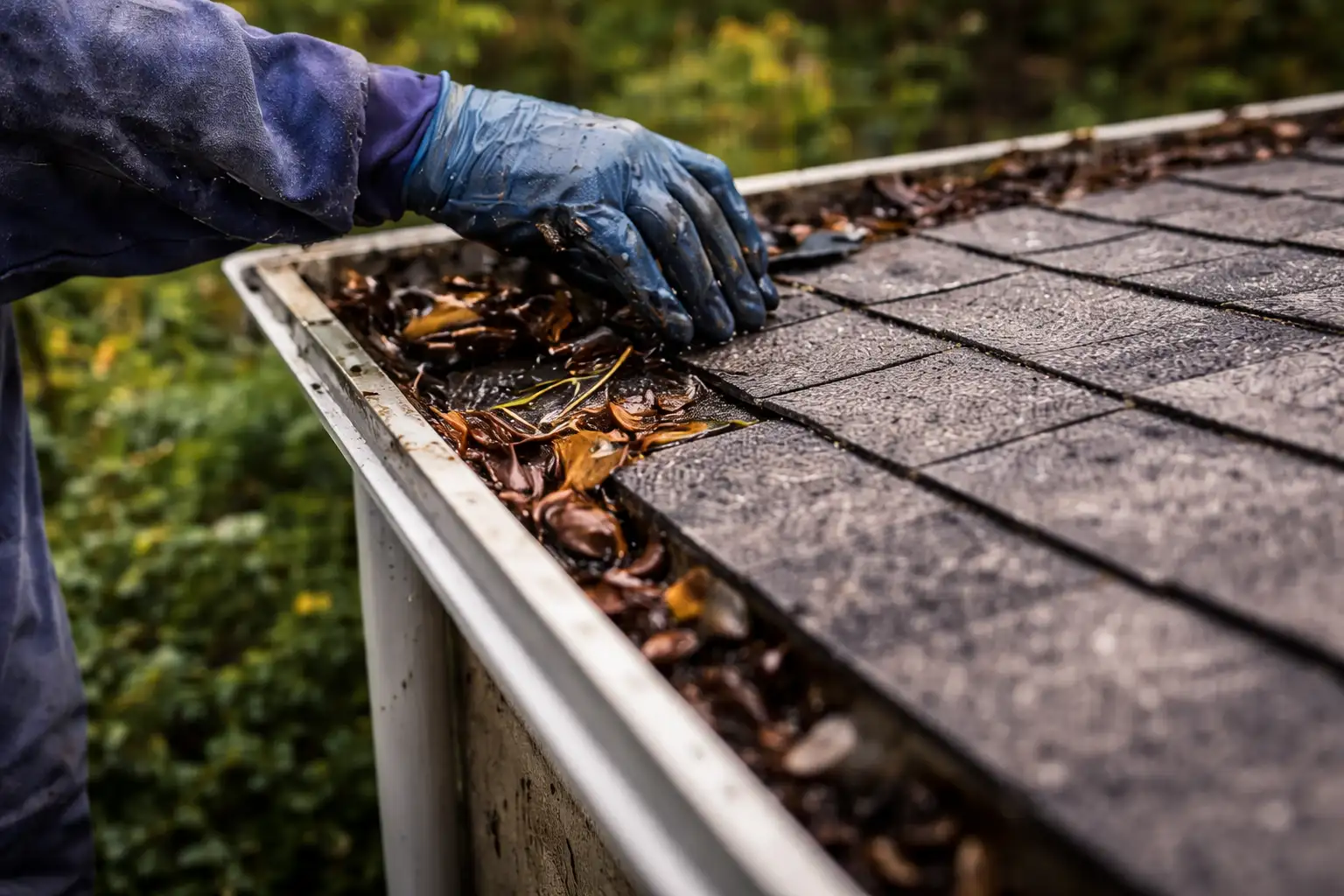 Worker clearing debris from residential gutters