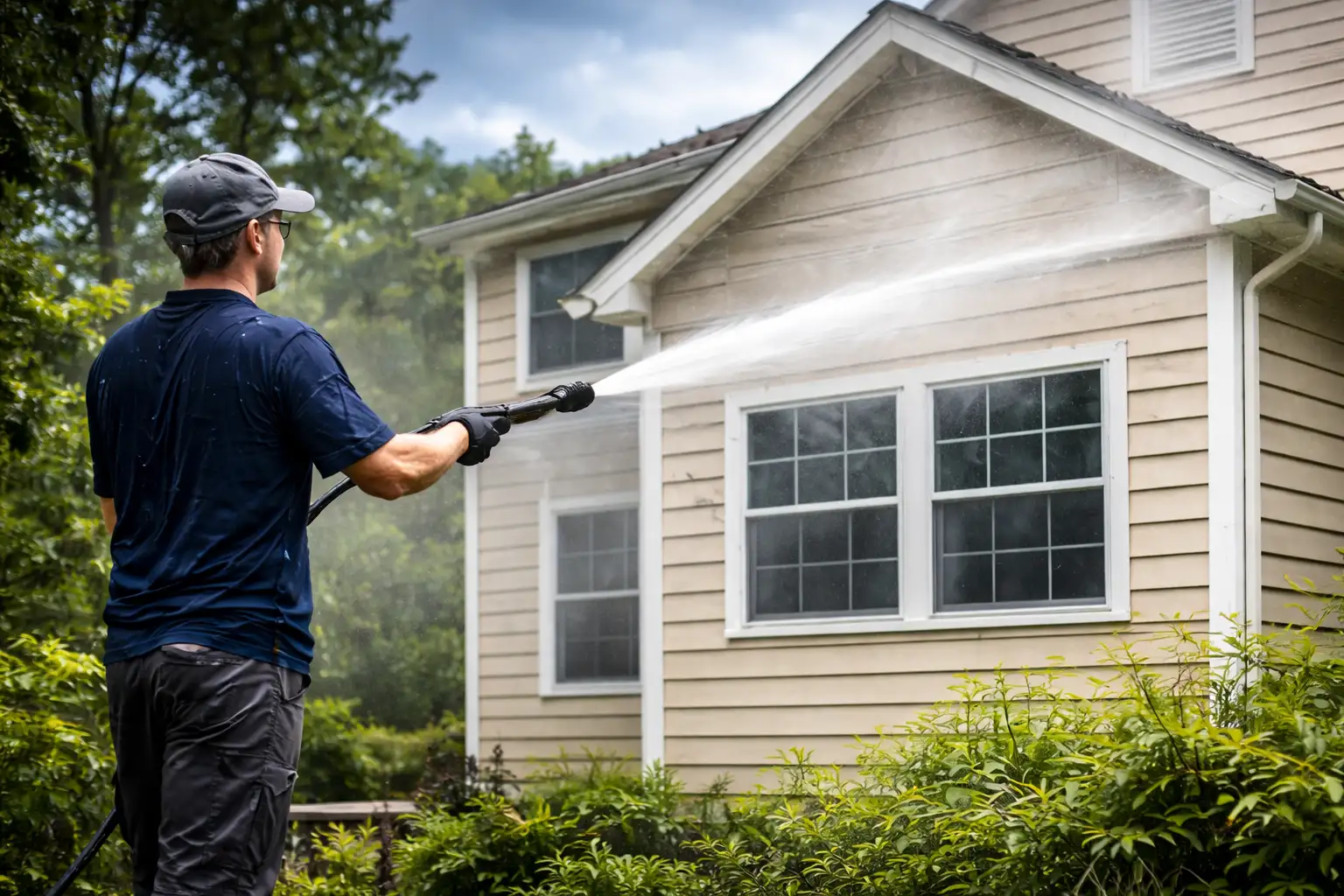 Technician washing residential siding using low-pressure method