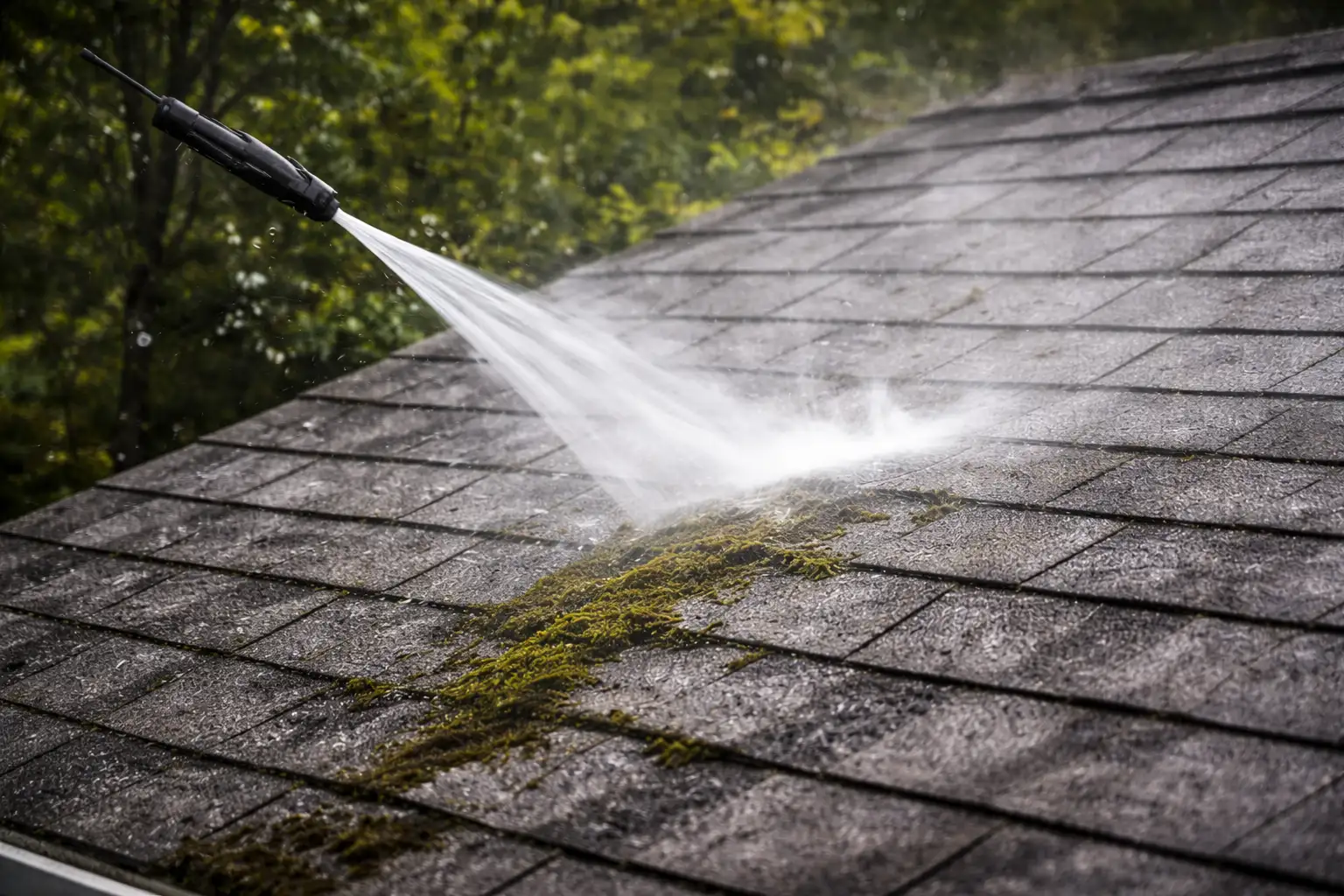 Technician performing roof cleaning to remove moss and debris from shingles